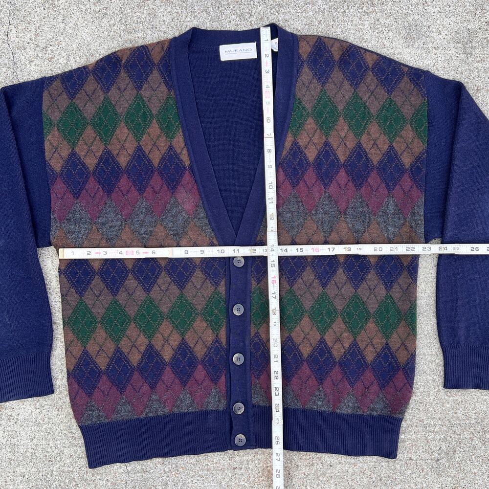 Vintage 90s Grandpa Cardigan Diamond Wool Blend Sweater Murano | Size Medium - Picture 3 of 5